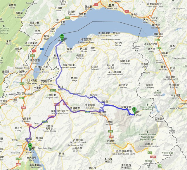 google地图上的路线,从a安纳西,到b的cheval,再到c伊瓦尔,b到c有100多